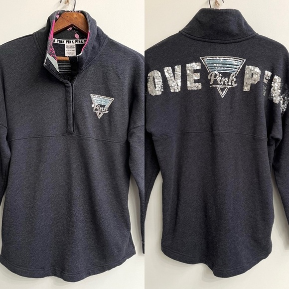 PINK Victoria's Secret Tops - Victoria’s Secret Love Pink Sequin Bling Logo 3/4 snap pullover sweatshirt XS